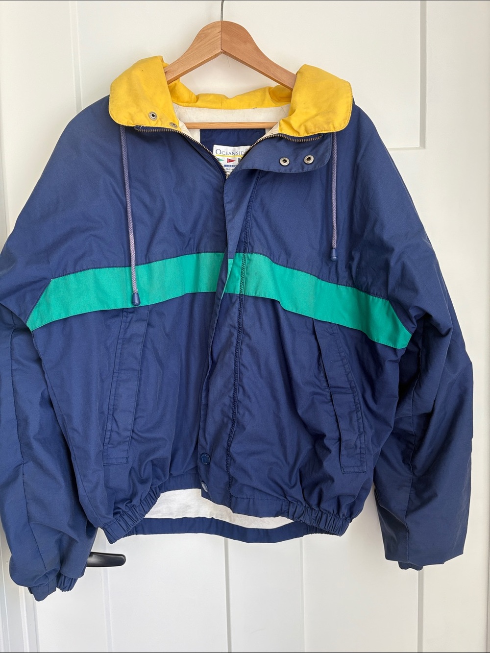 Vintage Navy Shell Jacket with Teal Stripe and Yellow Hood